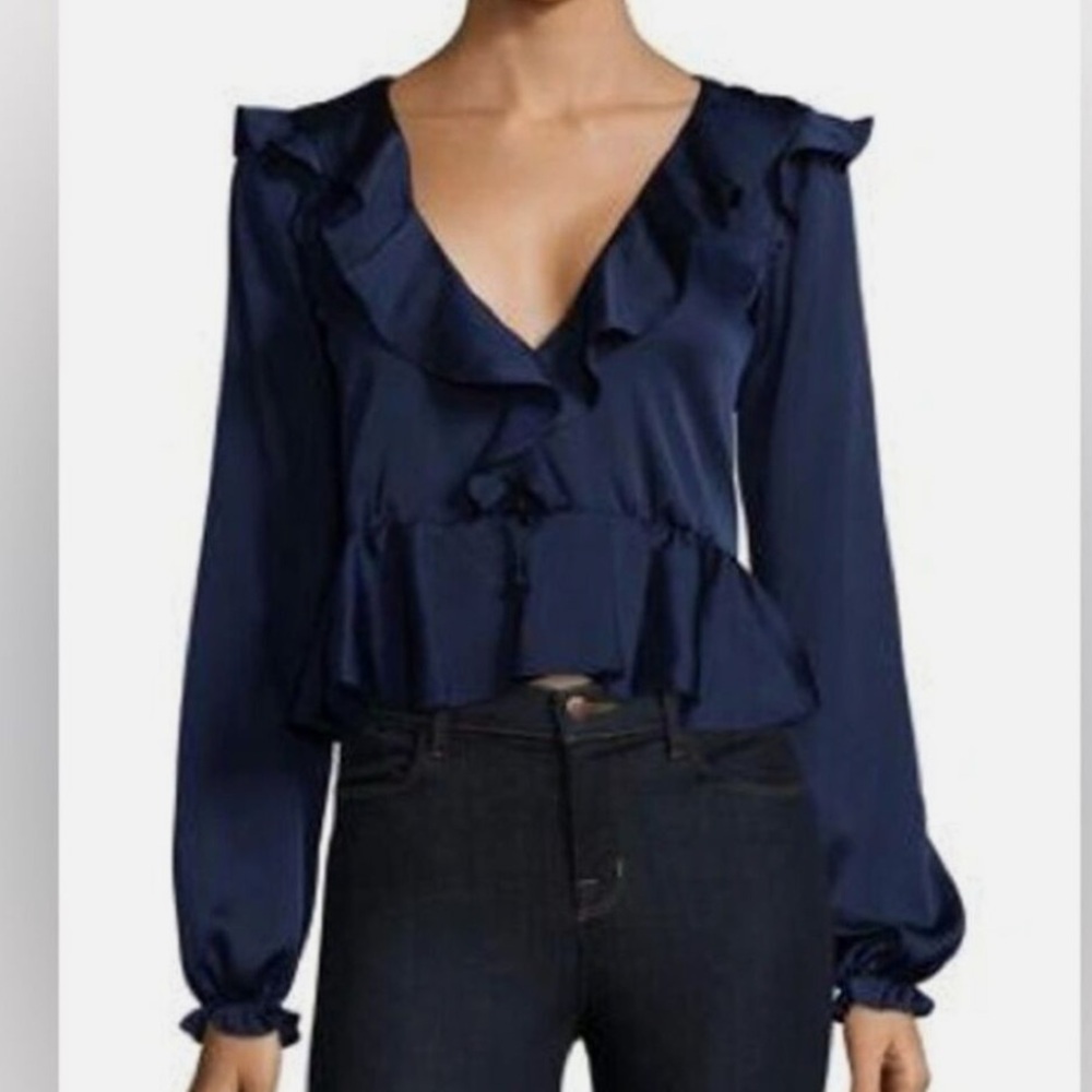 For Love And Lemons Blue Better Open Back Puff Sleeve Ruffled Blouse Size M